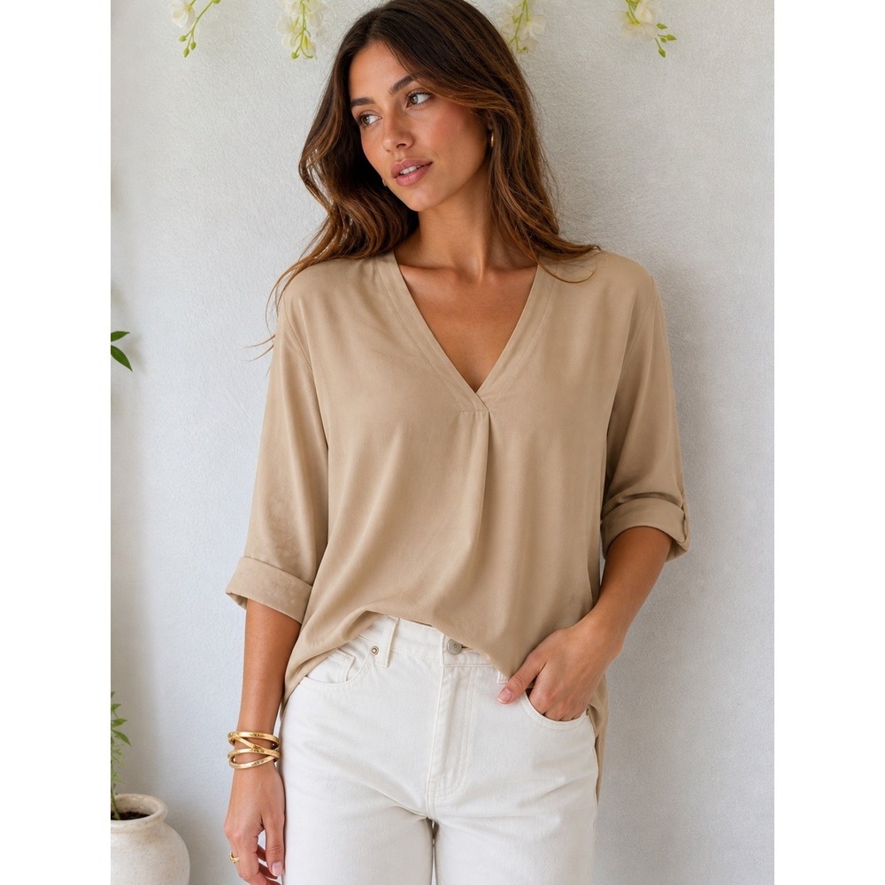 Max Mara Pura Seta 100% Silk V-Neck Blouse Beige Tan 3/4 Sleeve Italy Size 10